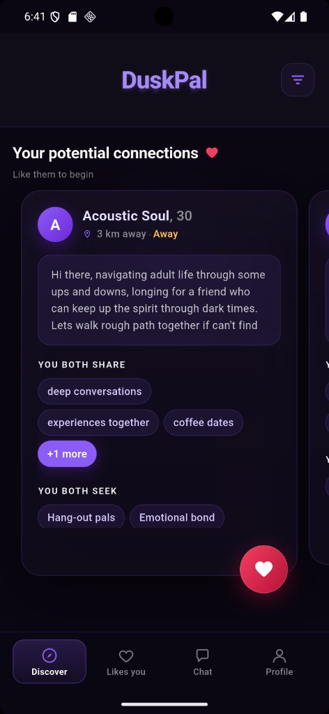 DuskPal app discover screen showing potential connections