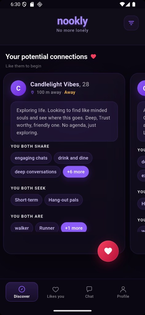 Nookly app discover screen showing potential connections